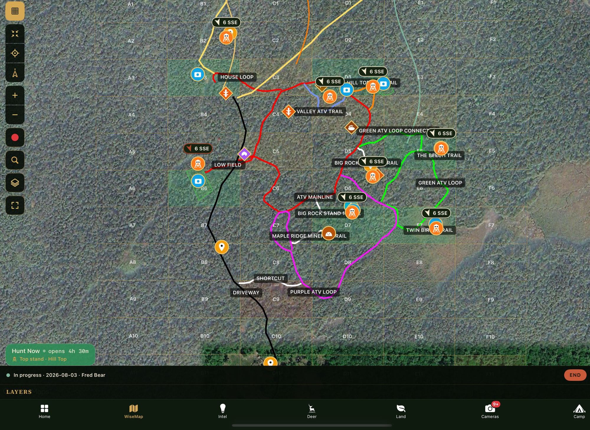 WiseMap showing the property grid with trails, stands, cameras and current wind
